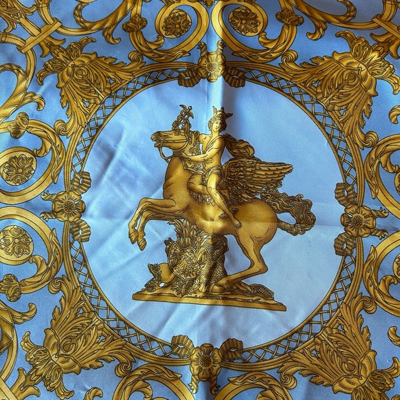 HERMES “Les Tuileries” Blue and Gold Silk Scarf - Picture 5 of 13